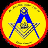 Masonic emblem with square and compass on yellow circle with red border and Latin text on blue background