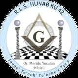 Masonic emblem featuring letter G, compass and square symbols with crossed pillars, labeled R.I.S. HUNAB KU 12 and located in Merida, Yucatan, Mexico