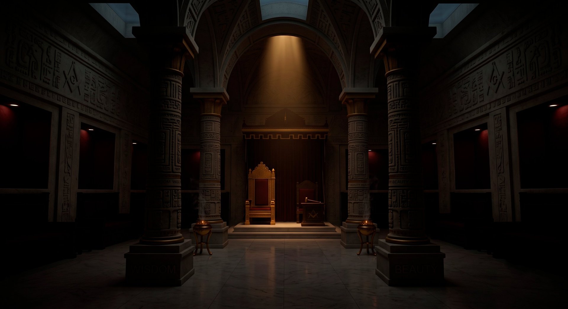 Grand ancient Egyptian temple interior with towering columns, dramatic lighting, and a golden statue at the far end of the hall
