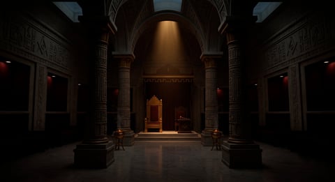 Grand ancient Egyptian temple interior with towering columns, dramatic lighting, and a golden statue at the far end of the hall