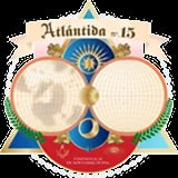 Atlantida 15 vintage cigar box label with twin globe hemispheres, decorative crescent and sun symbol