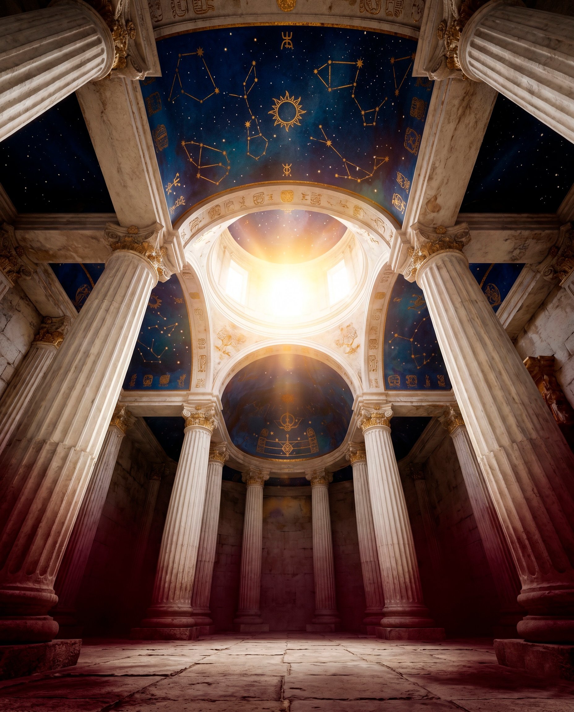 Grand neoclassical interior with towering fluted columns framing a glowing celestial dome and zodiac constellations overhead