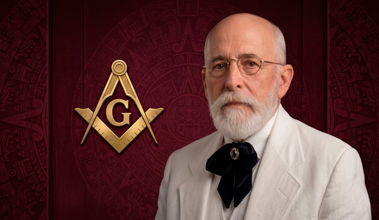 Elderly man wearing glasses and light suit with black bow tie against burgundy background with gold Masonic symbol