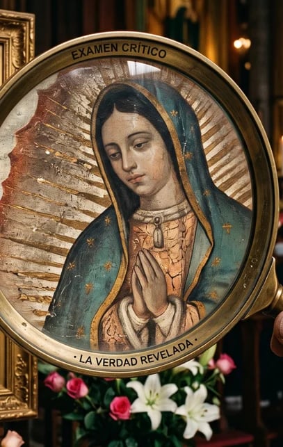 Icono religioso de la Virgen de Guadalupe en un marco ovalado ornamentado con texto en español, rodeado de flores rosas y blancas