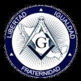 Circular Masonic emblem with square and compass symbol, featuring the letter G, surrounded by text Libertad, Igualdad, Fraternidad