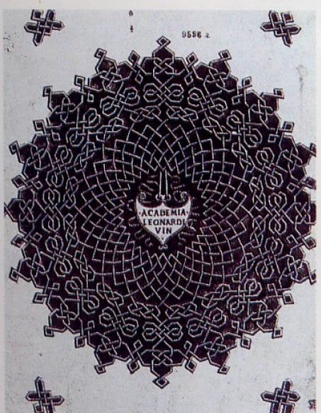 Intricate black and white geometric mandala pattern with central text reading Academia Leonardi and decorative corner flourishes