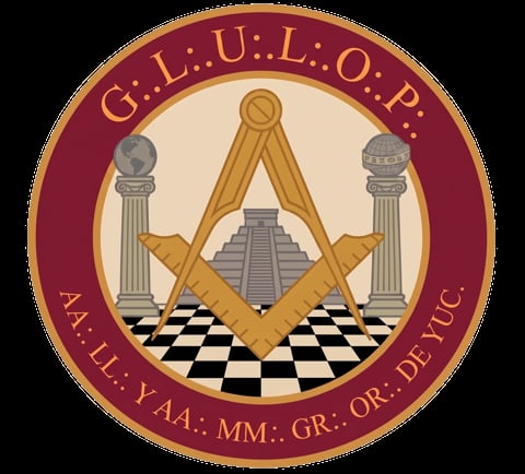 Freemasonry emblem featuring compass and square symbols, columns, pyramid, and checkered floor on burgundy circular seal with Latin text border