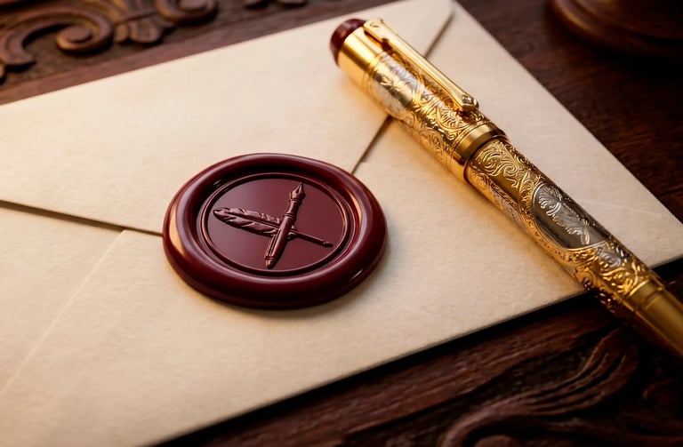 Gold decorative pen and burgundy wax seal with cross symbol on cream envelope on wooden surface