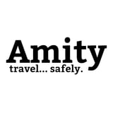 Amitty logo with tagline travel safely in black text on white background