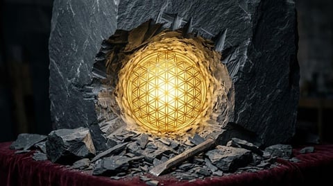 Glowing geometric sphere with intricate triangular pattern inside jagged dark stone opening, set against deep grey rocky backdrop