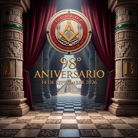 Entrada de templo masónico con columnas ornamentadas, cortinas de terciopelo rojo, piso ajedrezado y emblema circular del 98º Aniversario, 14 de septiembre de 2026
