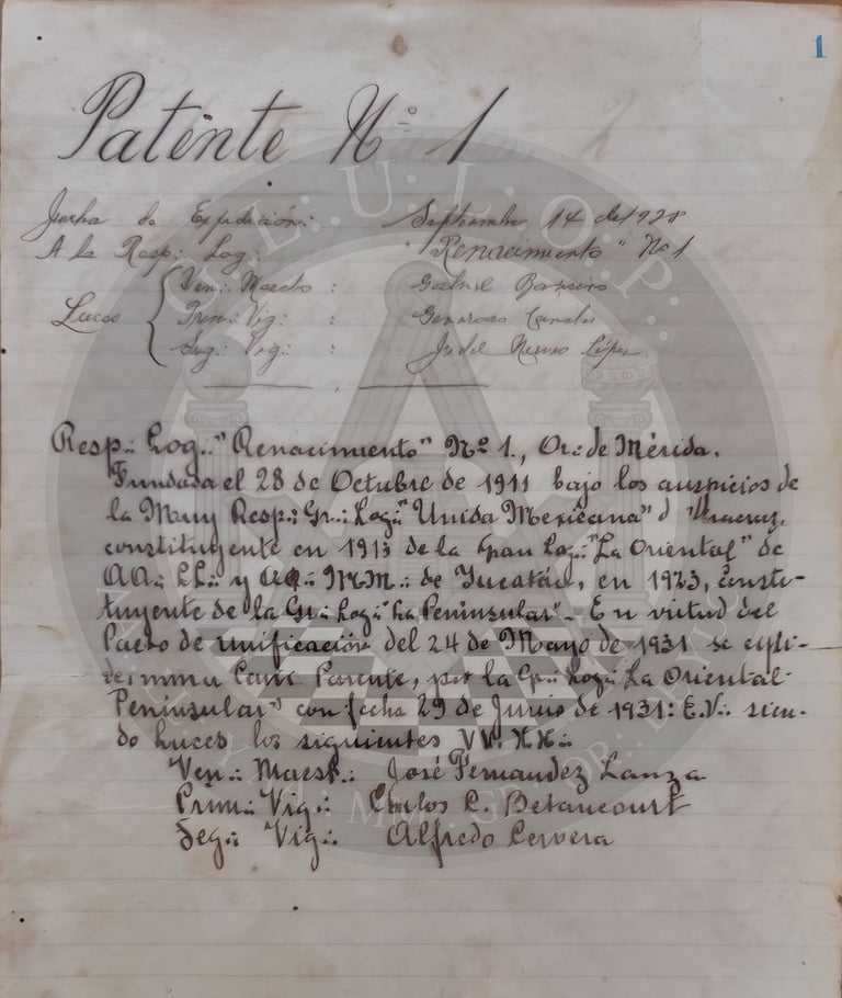 Handwritten historical document titled Patent No. 1, featuring cursive script in Spanish with dates and signatures from 1919-1934