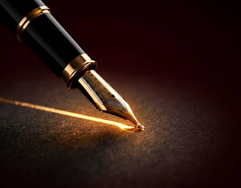 Close-up of a fountain pen nib with gold accents glowing while writing on dark paper