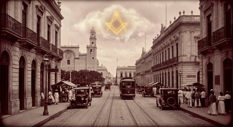 Historic sepia-toned city street with trolleys, colonial architecture, and a glowing Masonic symbol in the sky above a clock tower