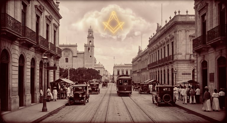 Historic sepia-toned city street with trolleys, colonial architecture, and a glowing Masonic symbol in the sky above a clock tower