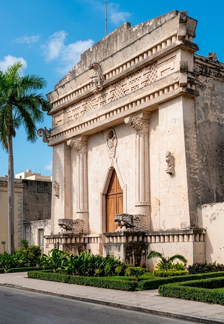 Historic colonial-style stone building with ornate architectural details, wooden door, and tropical landscaping in a sunny setting