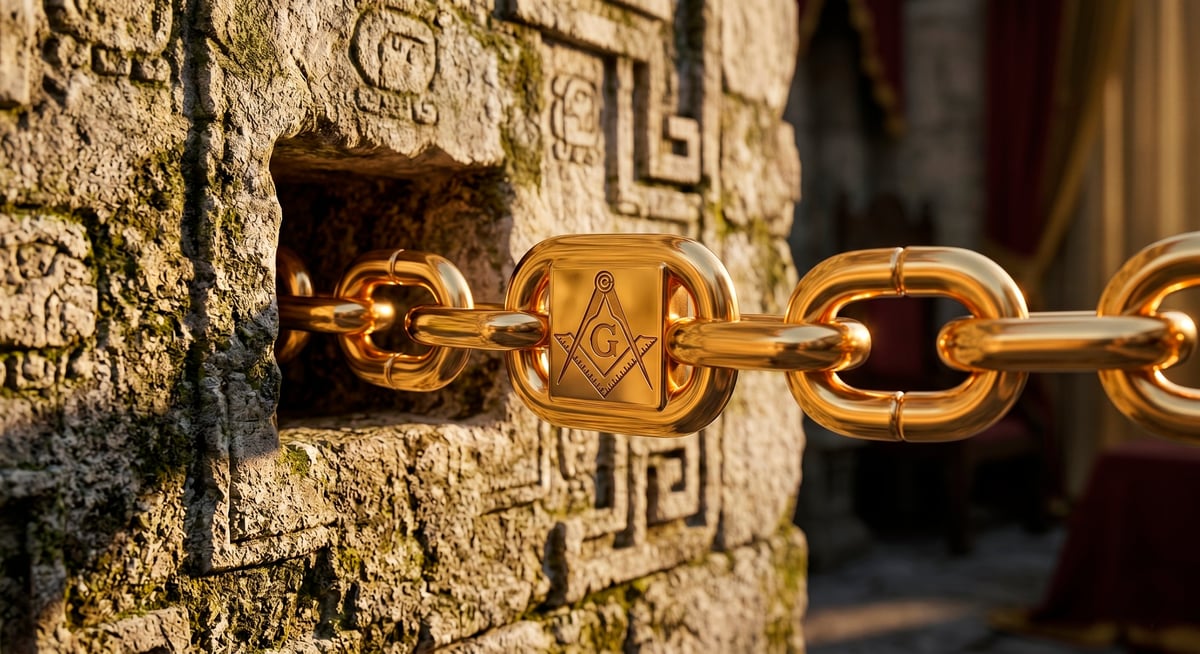 Gold chain with Masonic symbol attached to carved stone block with Greek key pattern
