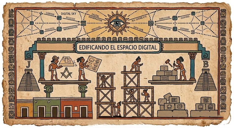 Vintage construction-themed illustration with Spanish text Edificando el Espacio Digital showing workers, blueprints, and architectural elements under a geometric compass design