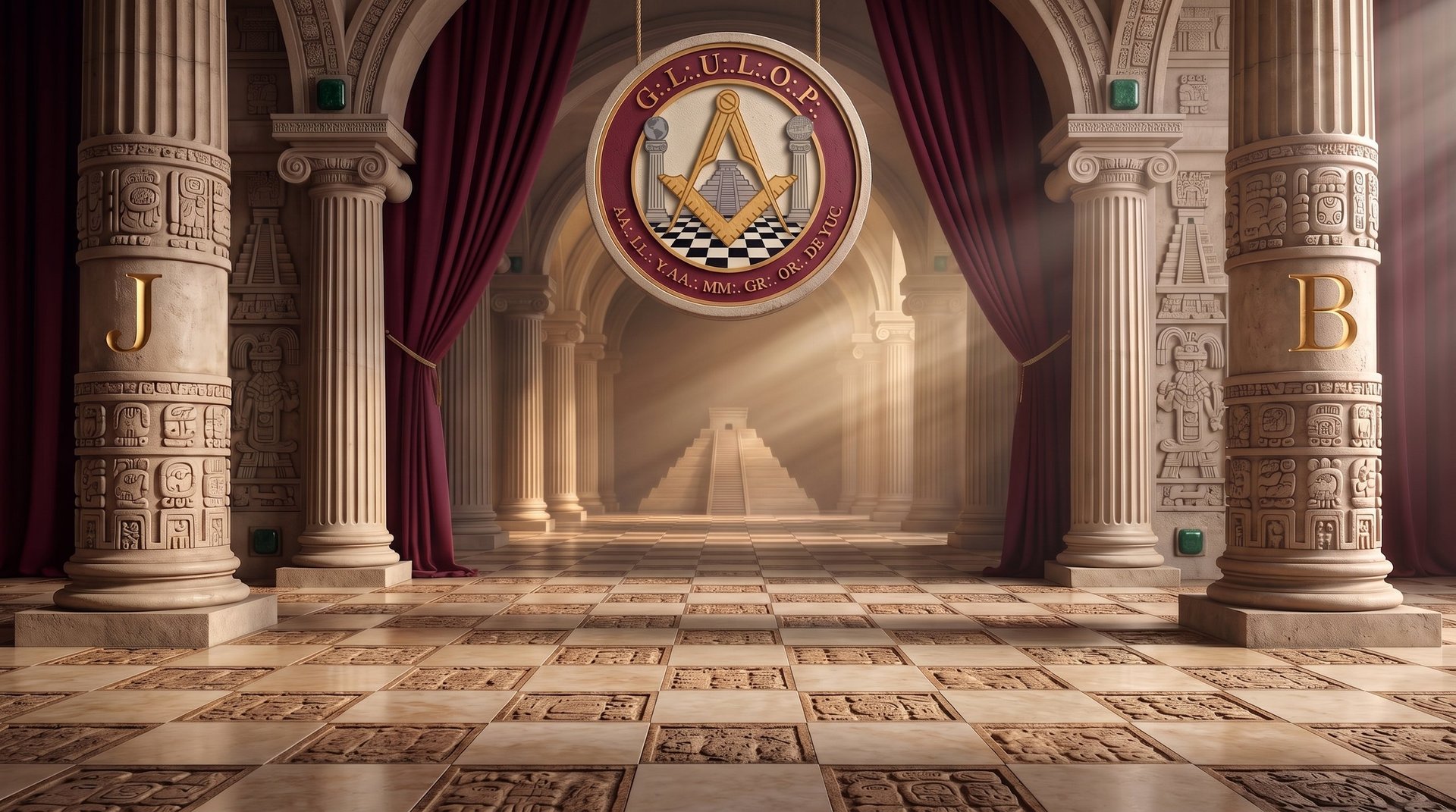 Masonic temple interior with ornate columns, burgundy curtains, and illuminated Freemasonry emblem on vaulted ceiling