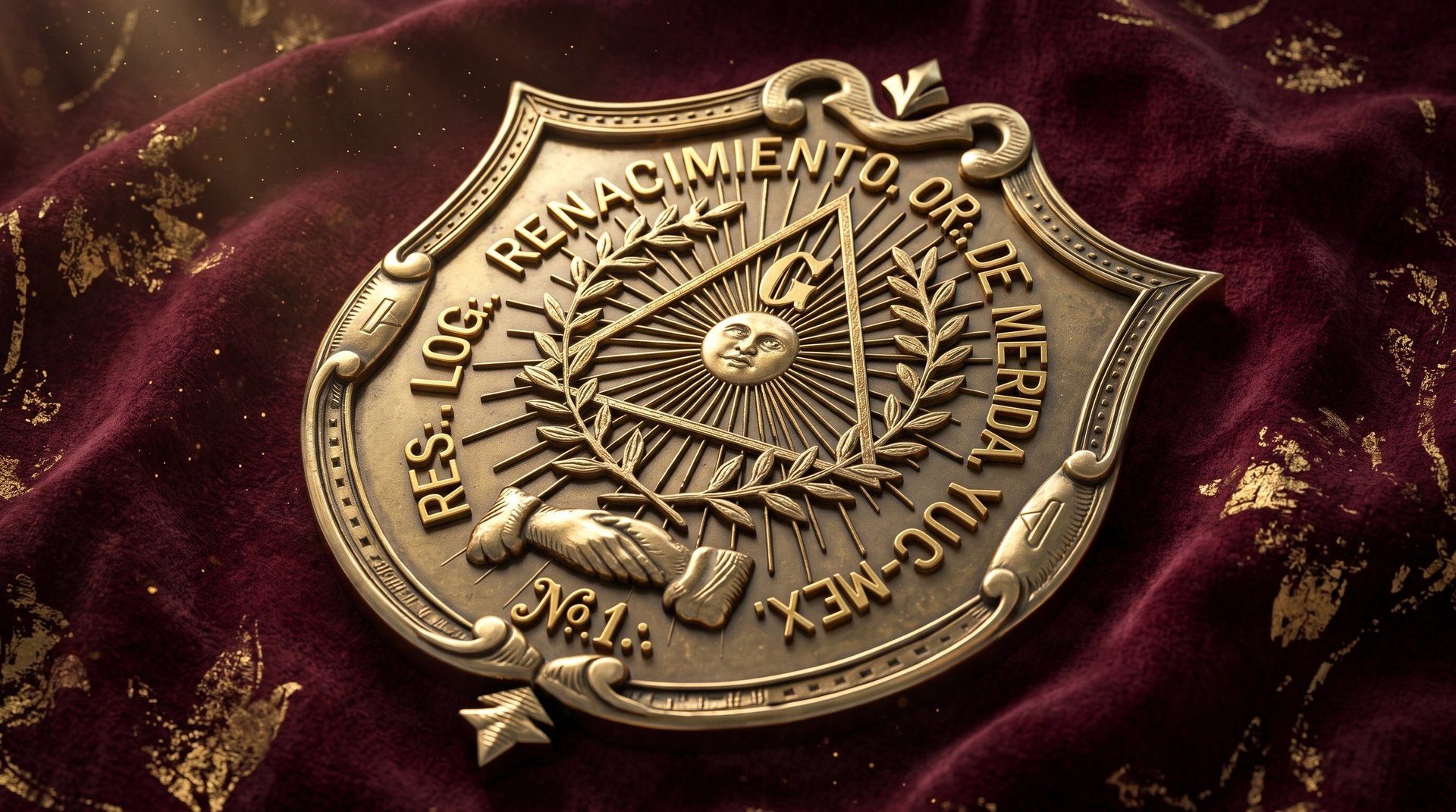 Gold coat of arms badge on burgundy velvet fabric with ornate crest design and 1941 date