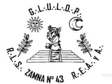 Black and white emblem with a figure on a platform, surrounded by sun, moon, plants, and text reading GRUND, ZAMNA No 43, and R.E.A.I.