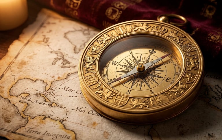 Antique brass compass with decorative rim lying on aged world map with vintage books in background