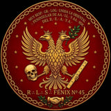 Ornate circular emblem with golden double-headed eagle, skull, laurel wreath, and chain border on deep red background with Latin text and stars