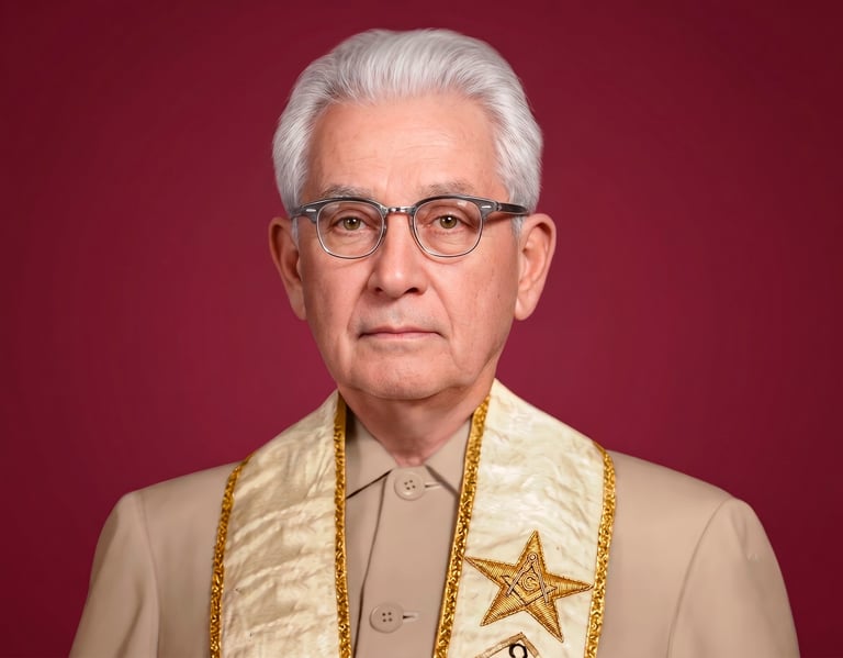 Elderly man wearing beige jacket, glasses, and decorative gold collar with star against burgundy background