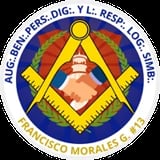 Masonic emblem with square and compass, all-seeing eye, and geometric symbols on circular blue background with text around the border