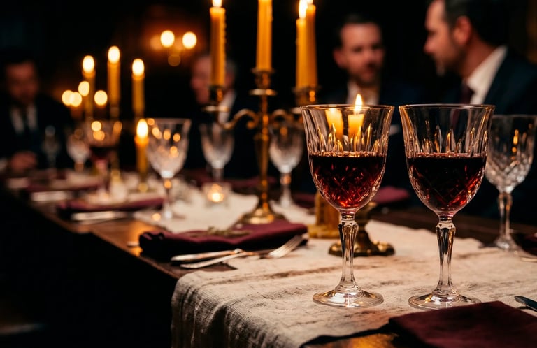 Elegant formal dinner table with wine glasses, candlelit candelabra, and blurred guests in background