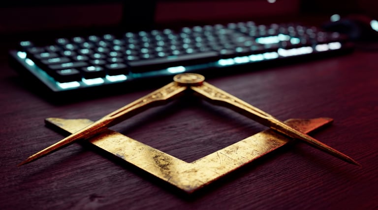 Gold compass forming a diamond shape on desk with illuminated keyboard blurred in background