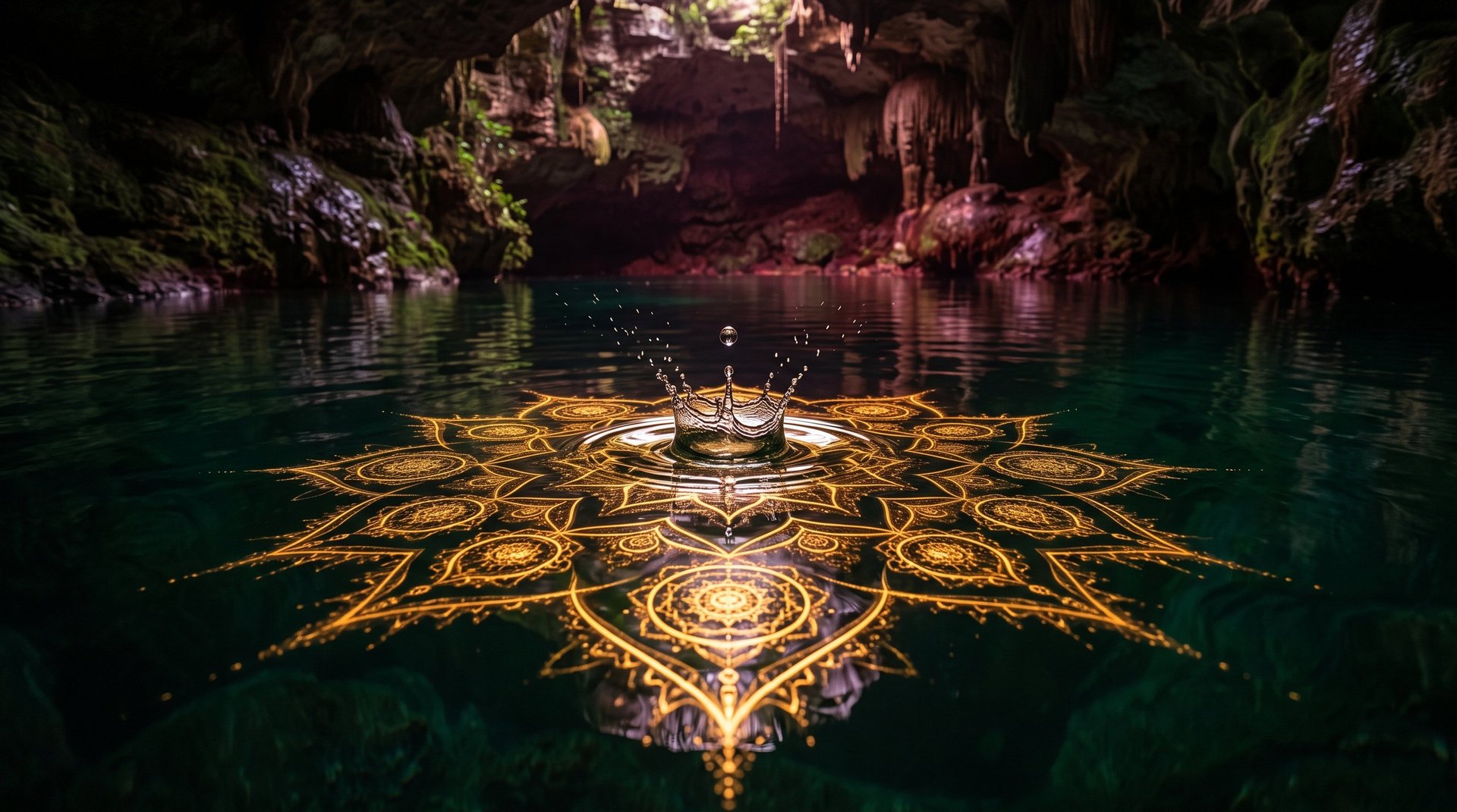 Ornate glowing mandala symbol floating on dark turquoise water inside a cave with purple-tinted rocky walls