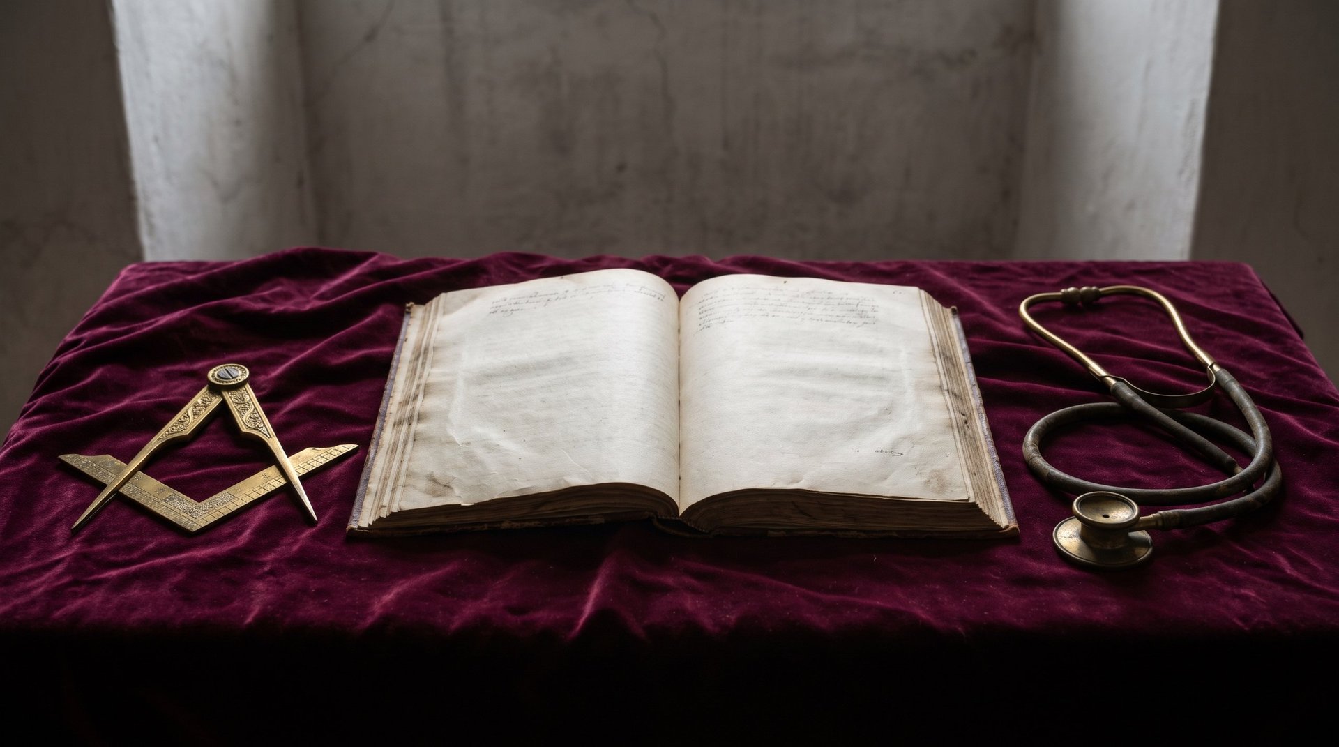 Open book with blank pages on burgundy velvet fabric displayed with Masonic symbols and stethoscope