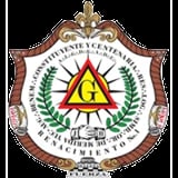 Circular official seal with a yellow triangle containing a red flame, surrounded by green laurel wreaths and decorative border elements