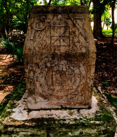 Weathered stone monument with carved geometric symbols and ancient inscriptions in a tropical garden setting