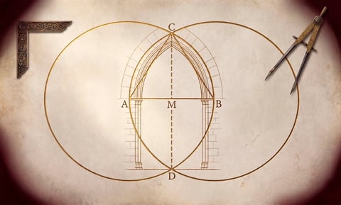 Geometric diagram showing two overlapping circles with compass and ruler constructions
