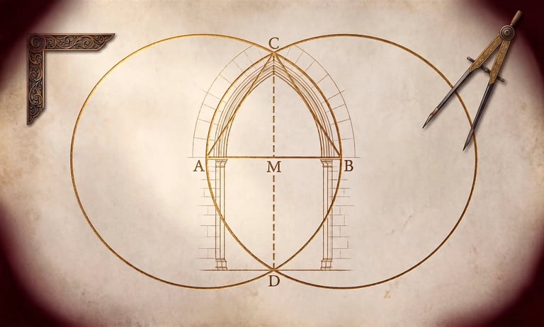 Geometric diagram showing two overlapping circles with compass and ruler constructions, labeled points A, B, C, D, and M, on aged paper with drafting tools